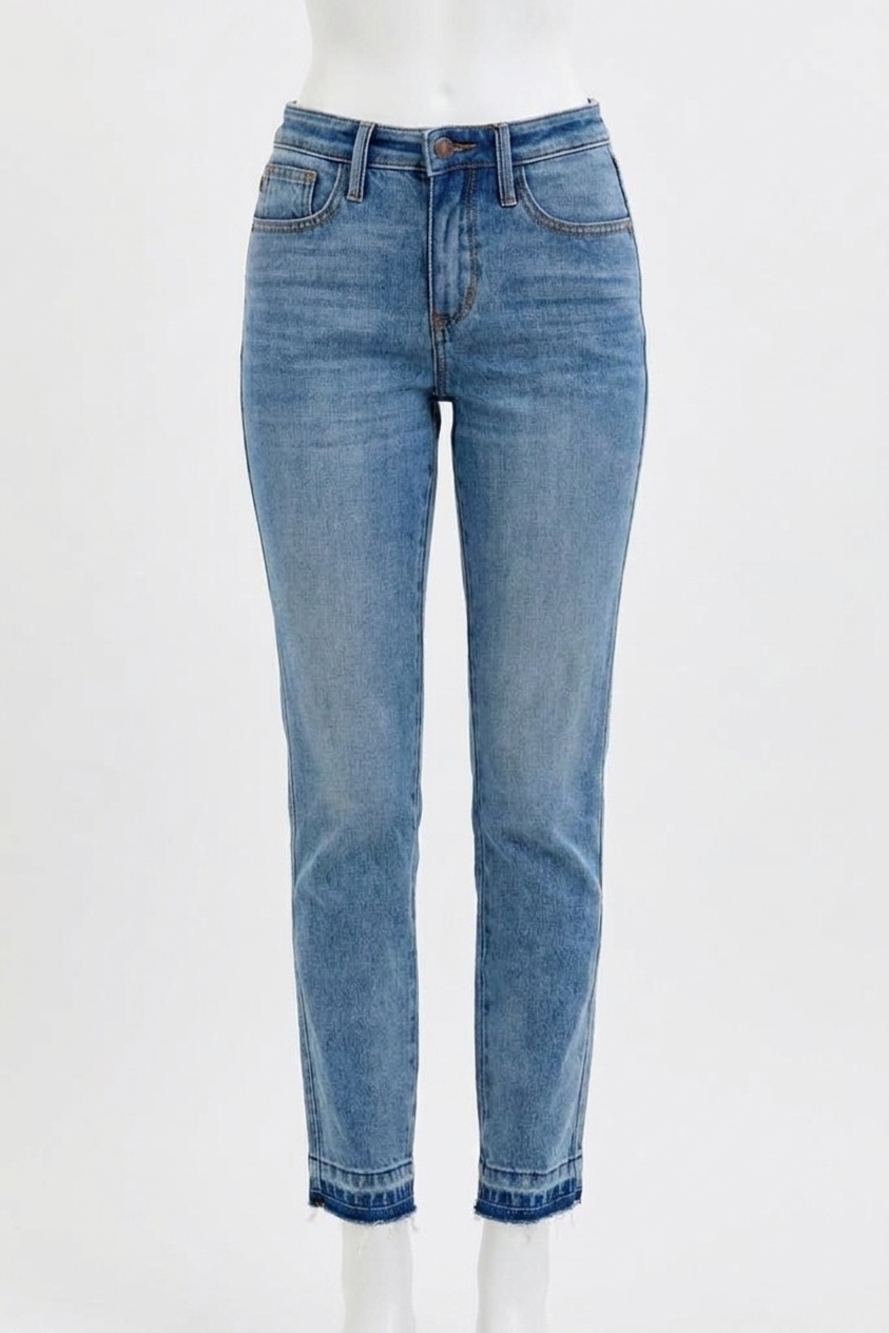 NEW JUDY BLUE rigid magic release hem boyfriend jeans in medium denim